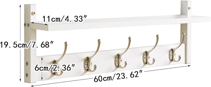 YMYNY Coat Rack Shelf Wall Mounted, Coat Hooks Set of 2, Entryway Coat Hanger with 10 Hooks, 47.2" Wall Floating Shelf with Hat Rack, for Kitchen, Bedroom, Bathroom, White HWS004W-2