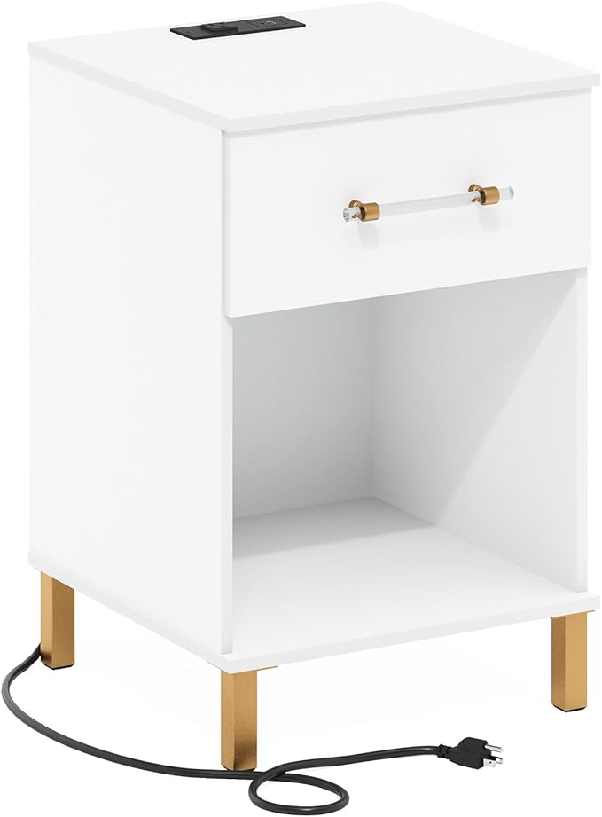 Furinno TIDUR Side Table, Drawer End Table with Charging Station, Night Stand, Bedside Table with USB and Type-C Charging Port, for Living Room, Bedroom, White