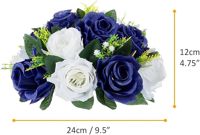 10Pcs Fake Flower Ball Arrangement Bouquet, 9.5" 15 Heads Plastic Roses with Base,Suitable for Parties Valentine's Day Wedding Centerpiece Flower Rack and Home Décor (Navy Blue & White)