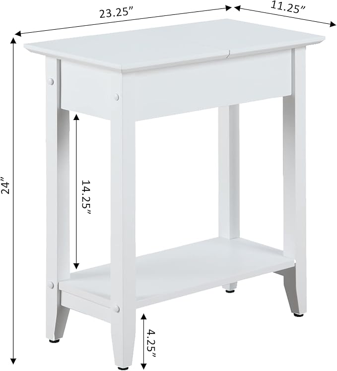 Convenience Concepts American Heritage Flip Top End Table 23.25" - Classic Narrow Chairside Accent with Hidden Storage & Lower Shelf for Traditional, Modern Living Room, White