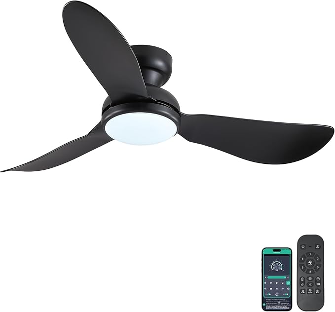 46 Inch Modern Ceiling Fans with Lights, Flush Mount Ceiling Fan with Remote/APP Control, 3 Reversible Curved Blades, 6 Speeds, 3 CCT Dimmable Lights for Bedroom Kitchen, Black