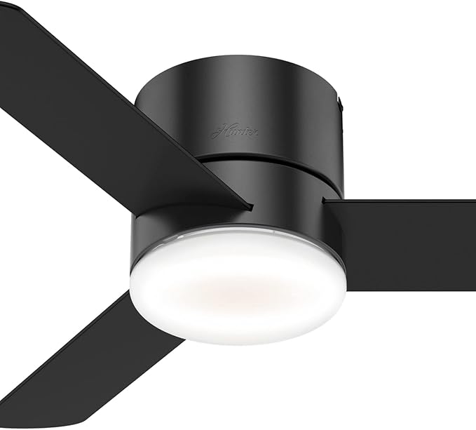 Hunter 44 inch Indoor Ceiling Fan with Light and Remote Control - For Bedroom or Living Room, Low Profile Mount, Black Modern Ceiling Fan with LED Light, Quiet, 3 Blades - Minimus 59453, Matte Black