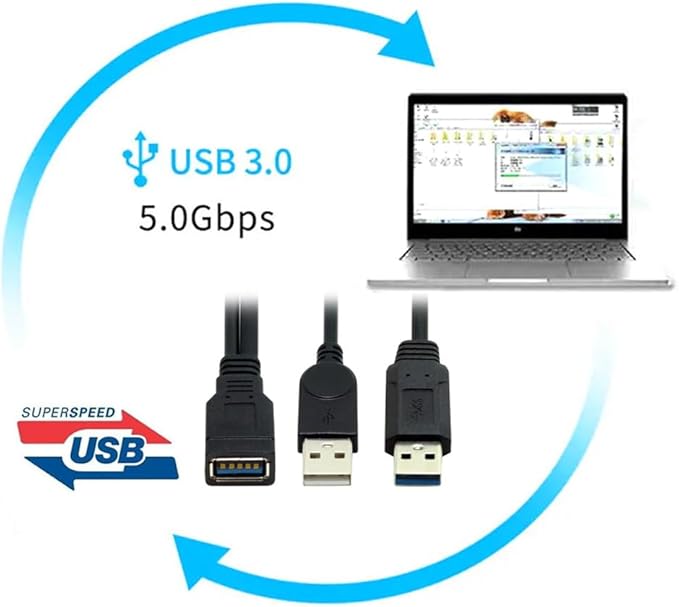 NFHK Black USB 3.0 Female to Dual USB Male Extra Power Data Y Extension Cable for 2.5" Mobile Hard Disk