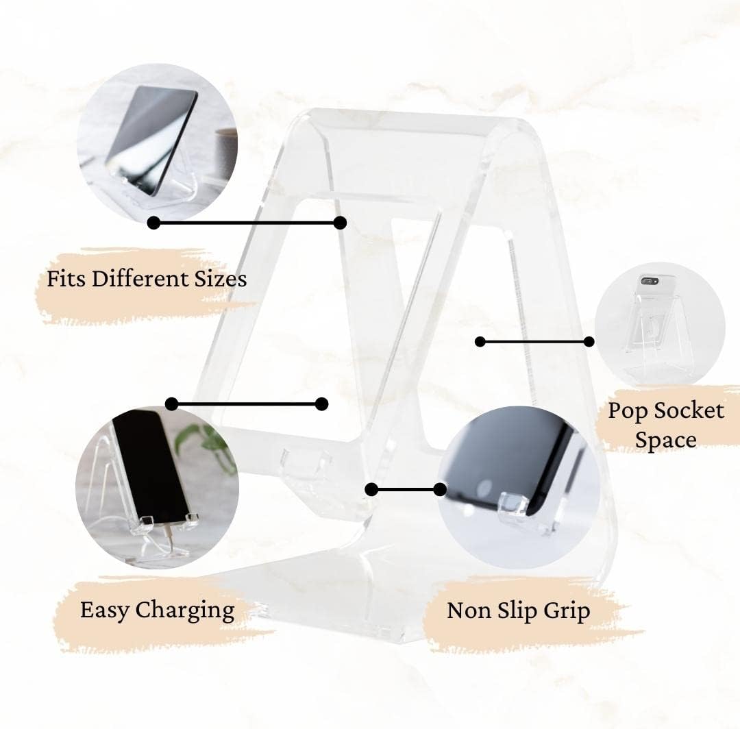 Phone Stand for Office Desk Clear Acrylic Compatible with Loopycases, Popsockets, Kindle, iPhone, Samsung
