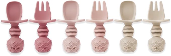 PandaEar 6 Pack Silicone Baby Spoons and Fork Feeding Set- Anti-Choke First Self Feeding Utensils for Baby Led Weaning Ages 3 Months -Pink