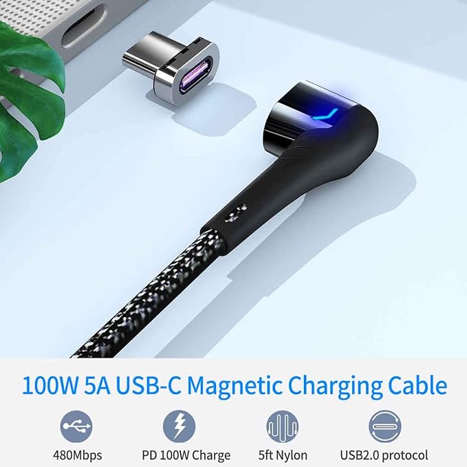 USB C Magnetic Cable (5ft L-Shape), USB2.0 Type C Right Angle Cord with PD 100W Charge and 480Mbps Data Transfer, Compatible for MacBook Pro/Air iPad Pro and More USB C Devices