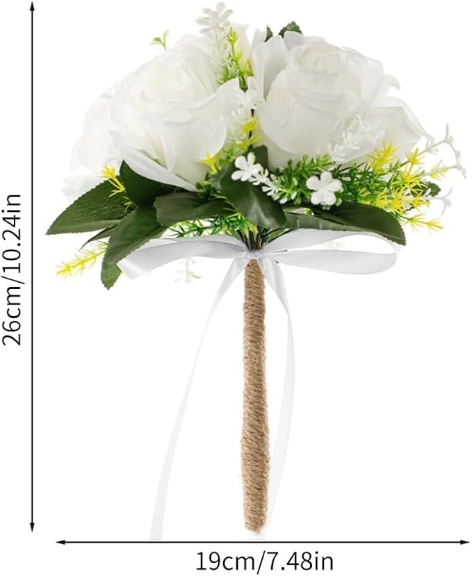 Eforcase Wedding Bouquet - Artificial White Rose Flower Bouquets for Bride and Bridesmaid - Faux Ribbon Holding Flowers for Wedding Decor