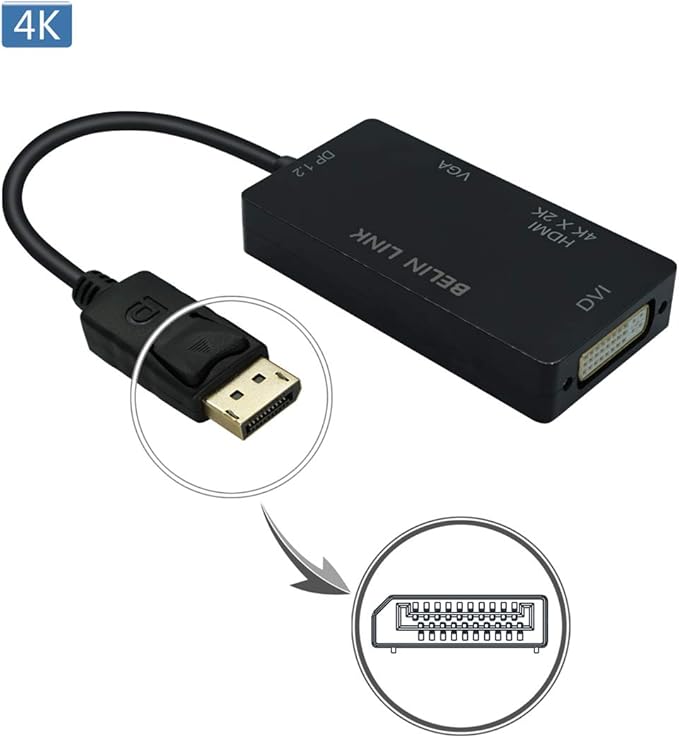 DP to HDMI VGA DVI Adapter Displayport to HDMI 4K Adapter 3 in 1 Display Port to HDMI VGA DVI Converter Male to Female Gold-Plated (Rectangle Black)