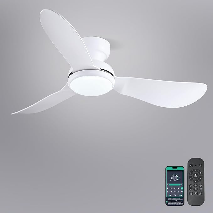 46 Inch Modern Ceiling Fans with Lights, Flush Mount Ceiling Fan with Remote/APP Control, 3 Reversible Curved Blades, 6 Speeds, 3 CCT, Dimmable Lights for Kids Room Bedroom, White