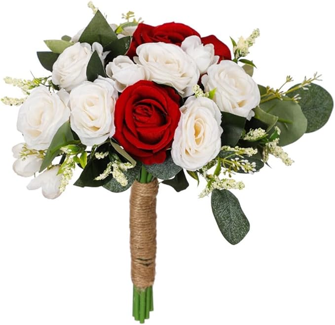 Rose Wedding Bouquet - Artificial Red White Flowers for Bride and Bridesmaid - Faux Holding Flower for Wedding Decor