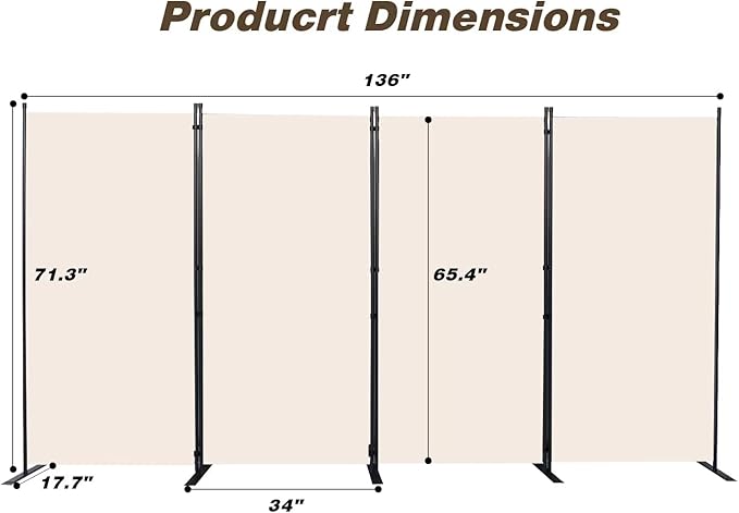 Room Divider, 4 Panel Folding Privacy Screens with Wider Support Feet, 6 Ft Portable Room Partition for Room Separator, 136" W X 71" H, Beige