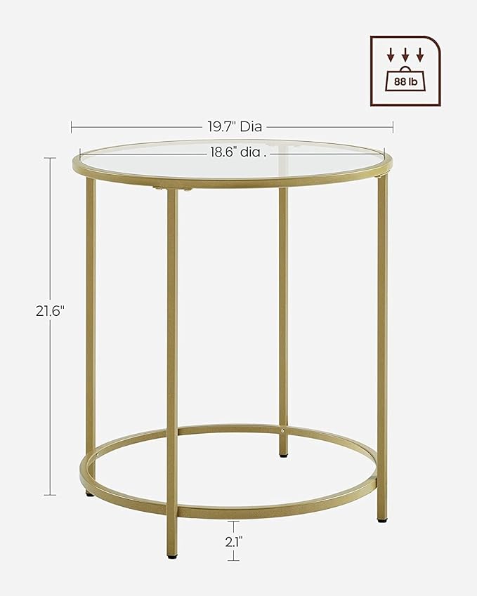 VASAGLE Round Side Tables, Set of 2, Glass End Tables with Metal Frame, Gold Coffee Tables with Modern Style, for Living Room, Balcony, Bedroom, Gold Color