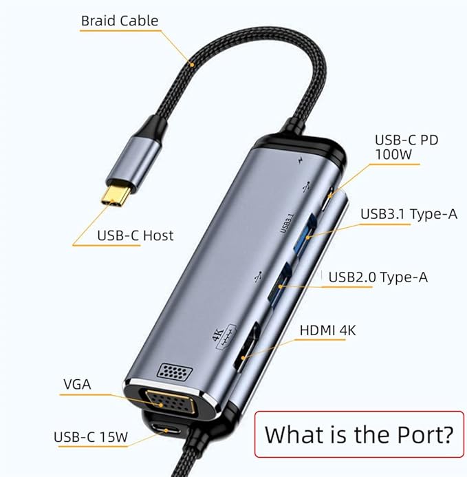 NFHK USB-C Type C to HDMI VGA Dual USB 3.0 HUB Converter HDTV Multiport Adapter 4K 60hz 1080p with Female PD 100W Power Port