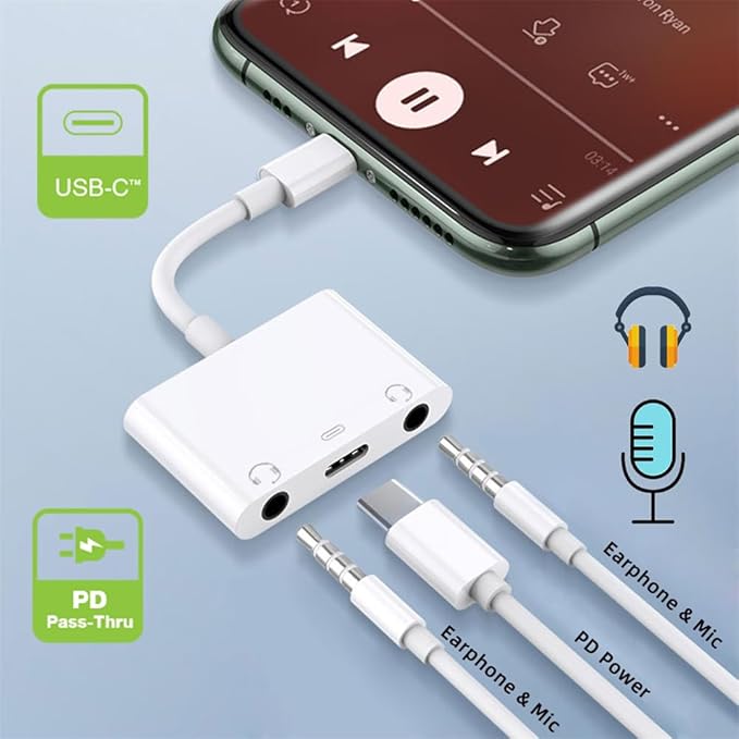 NFHK Type C USB-C to Dual 3.5mm Audio AUX & MIC Sound Card with PD Power Charge Adapter Compatible with Laptop Tablet Phone