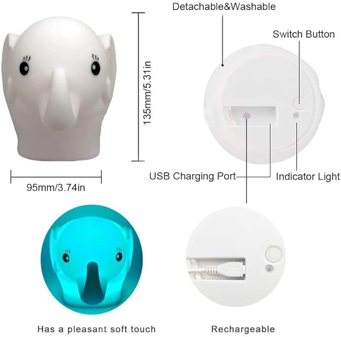 Night Light Kids with Cute Elephant Design Children's Room LED Bedside Lamp with Changeable RGB Colors Rechargeable Night Light Compatible with Touch-Control & Remote Control - Elephant