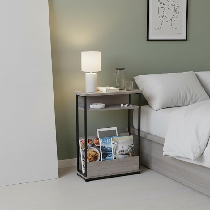 Narrow Side Table,3-Tier Slim End Table with Storage Shelf,Modern Sofa Table Thin Side Table for Narrow and Small Spaces, Skinny Bedside Table Small Nightstand with Magazine Rack Space Saving/Oak