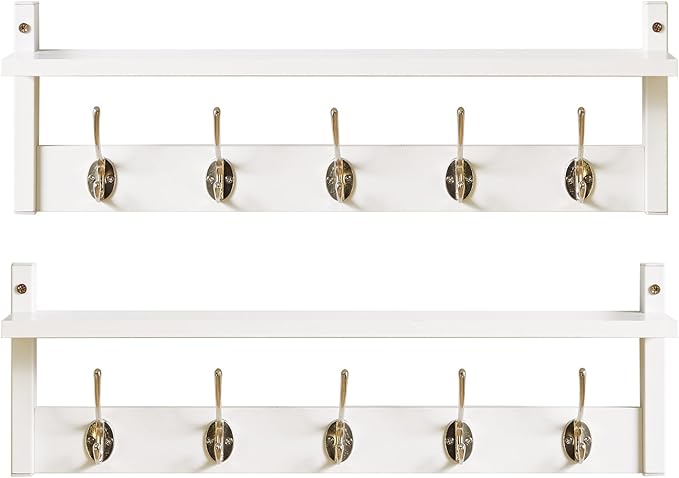 YMYNY Coat Rack Shelf Wall Mounted, Coat Hooks Set of 2, Entryway Coat Hanger with 10 Hooks, 47.2" Wall Floating Shelf with Hat Rack, for Kitchen, Bedroom, Bathroom, White HWS004W-2