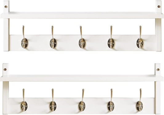 YMYNY Coat Rack Shelf Wall Mounted, Coat Hooks Set of 2, Entryway Coat Hanger with 10 Hooks, 47.2" Wall Floating Shelf with Hat Rack, for Kitchen, Bedroom, Bathroom, White HWS004W-2