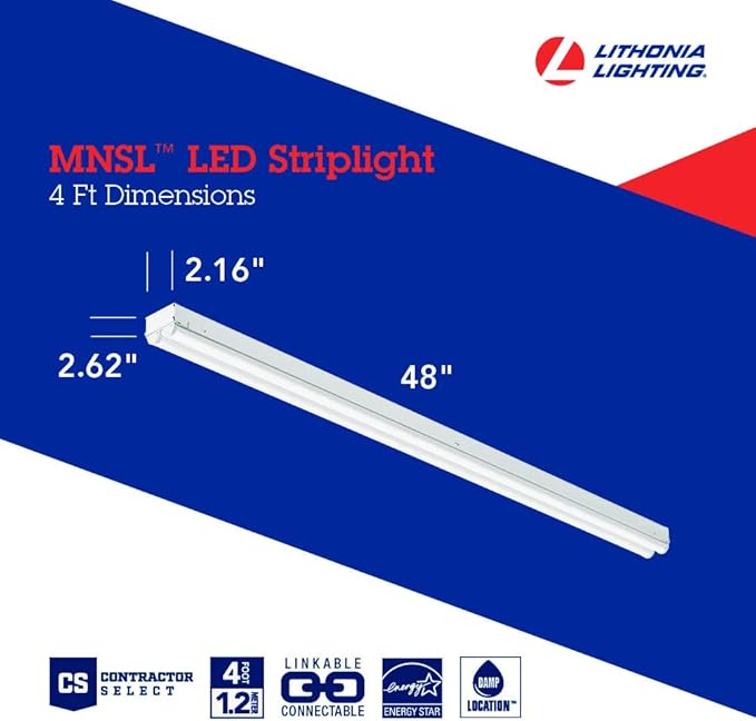 Lithonia Lighting 2 Light LED Strip Light, 4 Foot LED Ceiling Lighting Fixture, 4500 Lumens, 4000K, 80CRI, 35W, Kitchen and Garage Use (MNSL L48 2LL MVOLT 40K 80CRI M6)