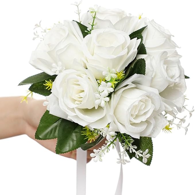 Eforcase Wedding Bouquet - Artificial White Rose Flower Bouquets for Bride and Bridesmaid - Faux Ribbon Holding Flowers for Wedding Decor