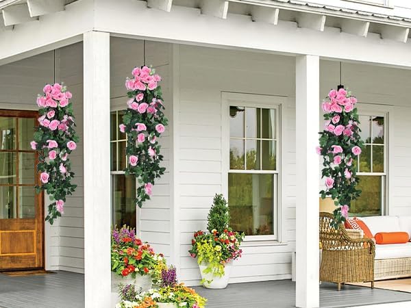 RECUTMS 4PCS Artificial Rose Vine Hanging Plants Fake Flower Outdoor Flowers UV Resistant for Indoor Outside Garden Porch Window Box Home Wedding Farmhouse (Pink)