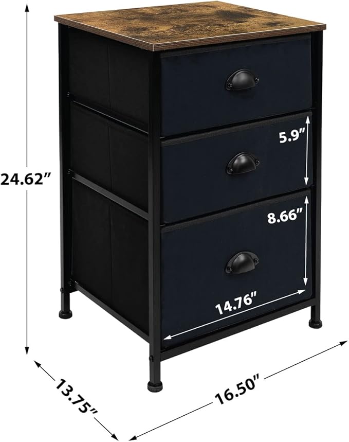 Sorbus Nightstand with 3 Drawers - Bedside Furniture & Night Stand End Table Dresser with Steel Frame, Wood Top, Easy Pull Fabric Bins for Home, Bedroom Accessories, Office & Dorm