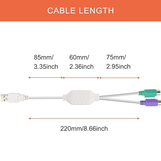PS2 to USB A Adapter Cable for Keyboard and Mouse - PS/2 Male to USB A Male Plug, Replacement Cord, 2 PCS
