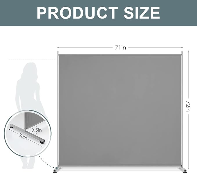 RANTILA Single Large Panel Room Divider, Privacy Screen for Office, Partition Separators, Freestanding Divider 71''W x 69.5''H, Grey