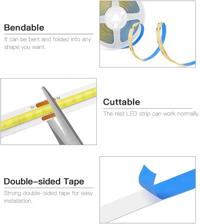 A 5V USB LED Light Strip, COB LED Strip Lights, White 5V LED Lights, Small LED Strip Light, TV Lights for TV Under Cabinet Kitchen Living Room Shelving or Displays (White, 6.56ft)