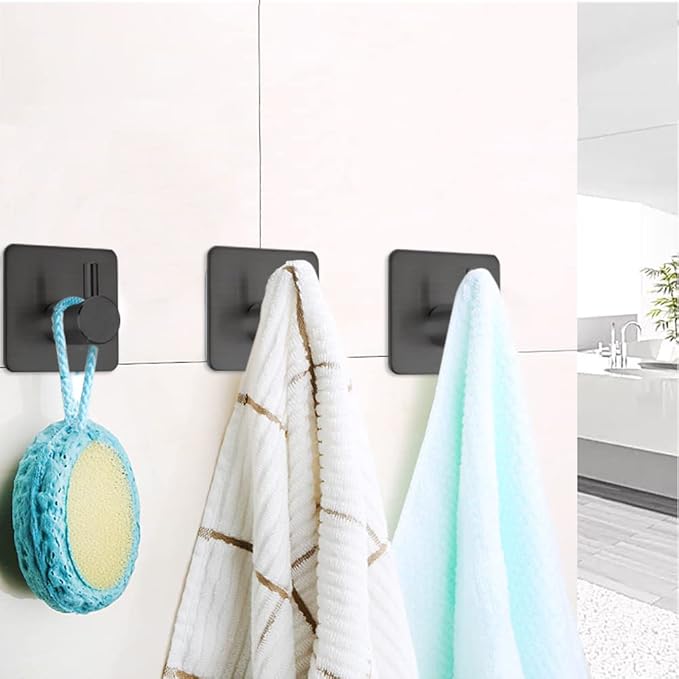 Black Adhesive Towel Hooks Heavy Duty Stick on Wall Hooks Shower Hooks for Bathroom Kitchen Door-4 Packs