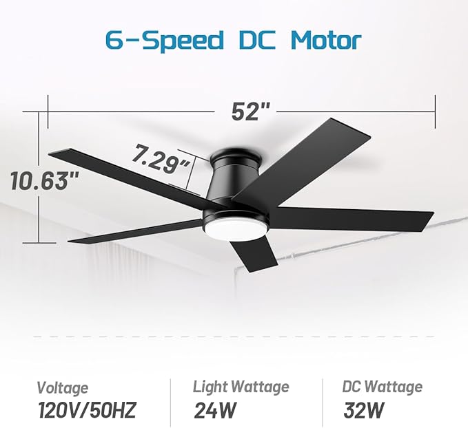 wurzee 52" Flush Mount Low Profile Ceiling Fan, Black,6 Speeds DC Reversible Motor,Timing, Dimmable for Indoor, Patio,Porch, Garage, Shop