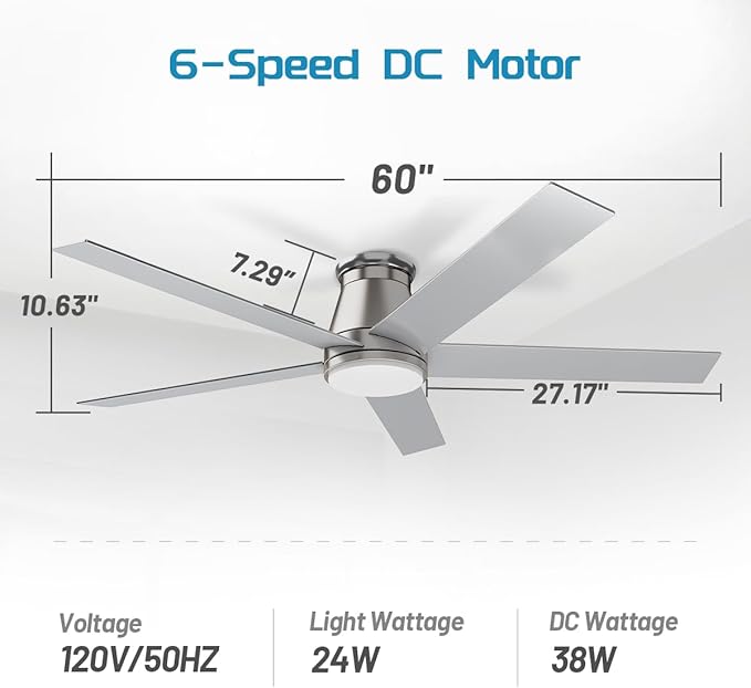 wurzee 60 inch Flush Mount Ceiling Fan Brushed Nickel ceiling fans with lights 6 Speeds DC Reversible Motor, Timing, Dimmable, 5 Blades for Bedroom,Living Room Dining Room Patio