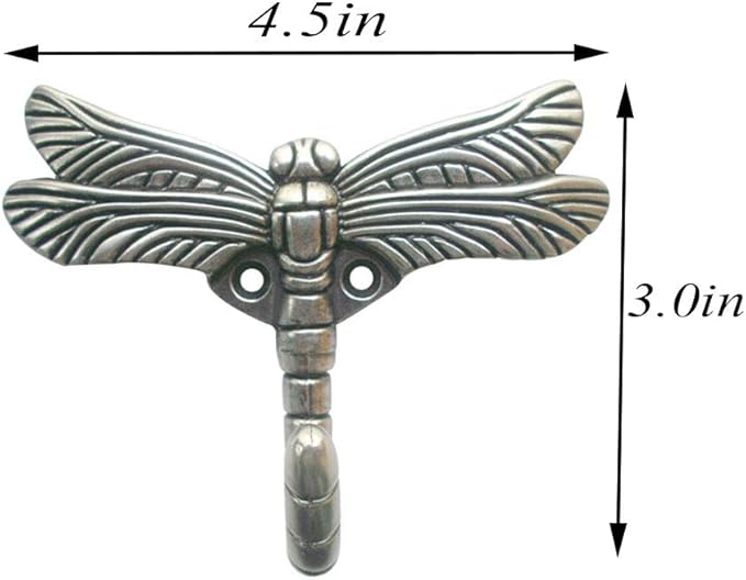 2pcs Dragonfly Coat Hooks Decorative Creativity Wall Mounted Hanger Hook for Home Handbag Key Towel Bathrobe (Ancient Silver)