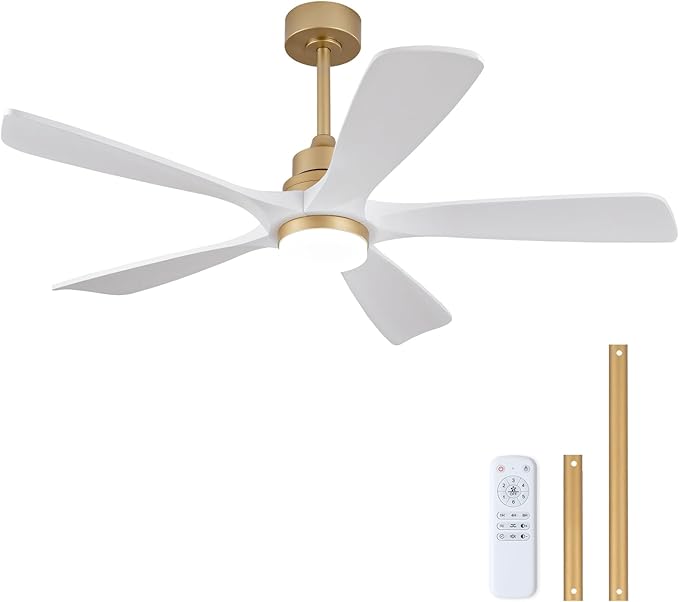 BOJUE 52 Inch Ceiling Fans with Lights and Remote Control, White Gold Ceiling Fan with Light for Bedroom, Noiseless DC Motor, Dimmable Led 5 Solid Wood Blades