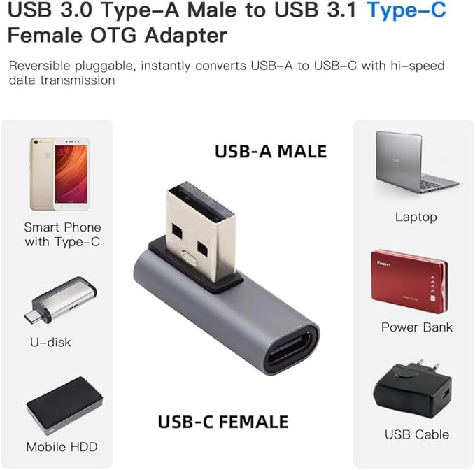 NFHK USB-C Type C Female Low Profile 90 Degree Right Angled to USB 3.0 A Male Data Adapter for Laptop Desktop