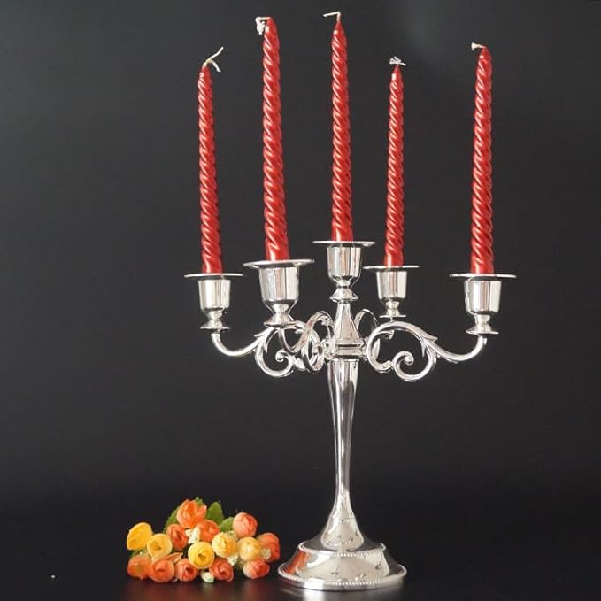 Black Candelabra Candle Holders for Pillar Candles 10.6 inch Tall, 5 Candle Candlestick Holder for 1/2-1 inch Taper Candles Halloween Candelabra Decoration Easy Assembly (Silver)