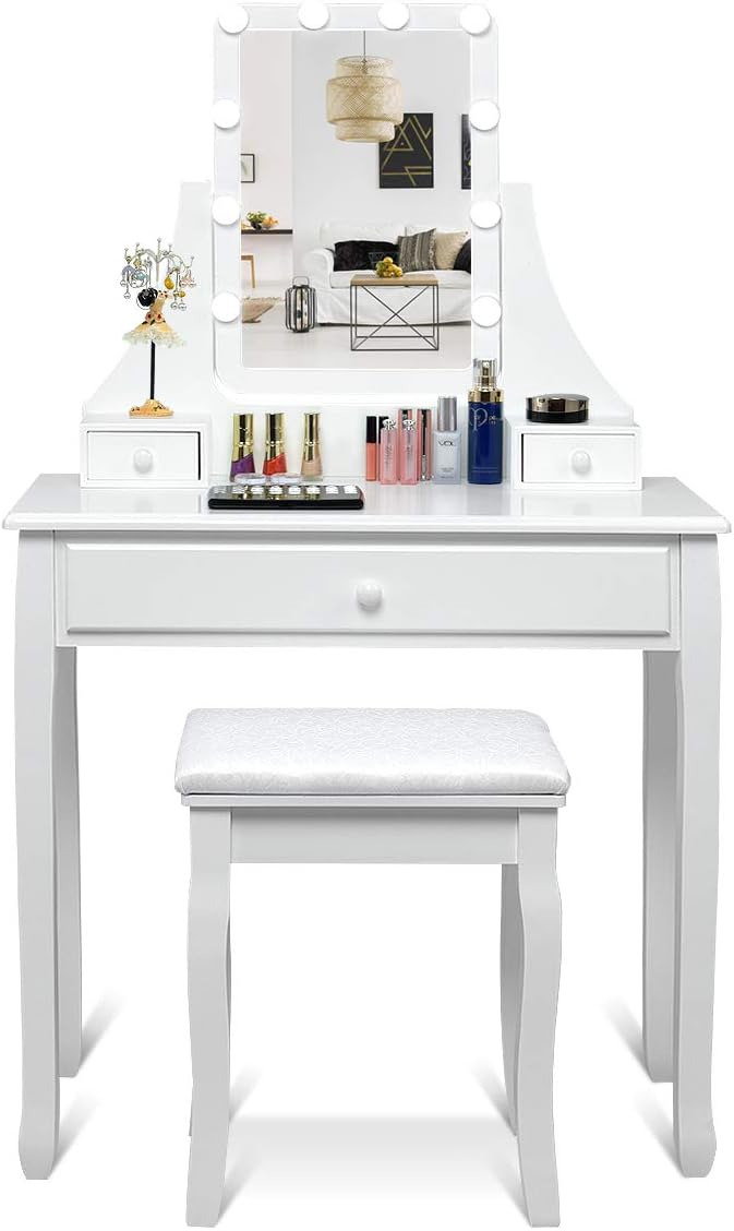 CHARMAID Vanity Set with Lighted Mirror, Makeup Table with 10 LED Dimmable Bulbs, 3 Drawers, 2 Dividers, Modern Bedroom Dressing Table Vanity Desk with Stool for Women Girls (White)