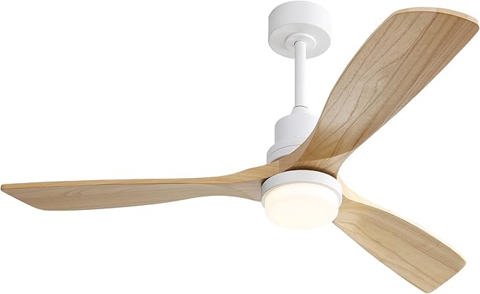 Sofucor Ceiling Fan with Lights, 52 Inch Modern Wood White Ceiling Fan with Remote for Indoor Farmhouse Bedroom Living Room Outdoor Patio Porch, Reversible DC Motor, 3 Blades, Noiseless