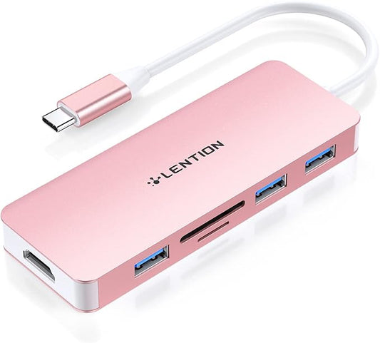 LENTION 5 in 1 USB to USB-C Adapter with Micro SD/SD Card Reader for iPhone, 4K@30Hz HDMI to USB C Hub Multiport Adapater with 3 USB 3.0 Compatible with 2025-2018 MacBook Pro MacBook Neo(Rose Gold)
