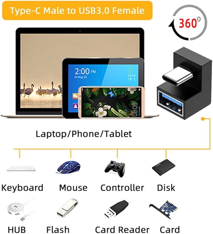 xiwai 180 Degree Up & Down Angled Type-C USB-C OTG to USB 3.0 Female Extension Adapter for Cell Phone & Tablet