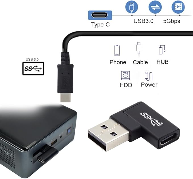 NFHK USB-C Type C Female to USB 3.0 A Male Data Adapter Flat Horizontal 90 Degree Right Angled for Laptop Desktop