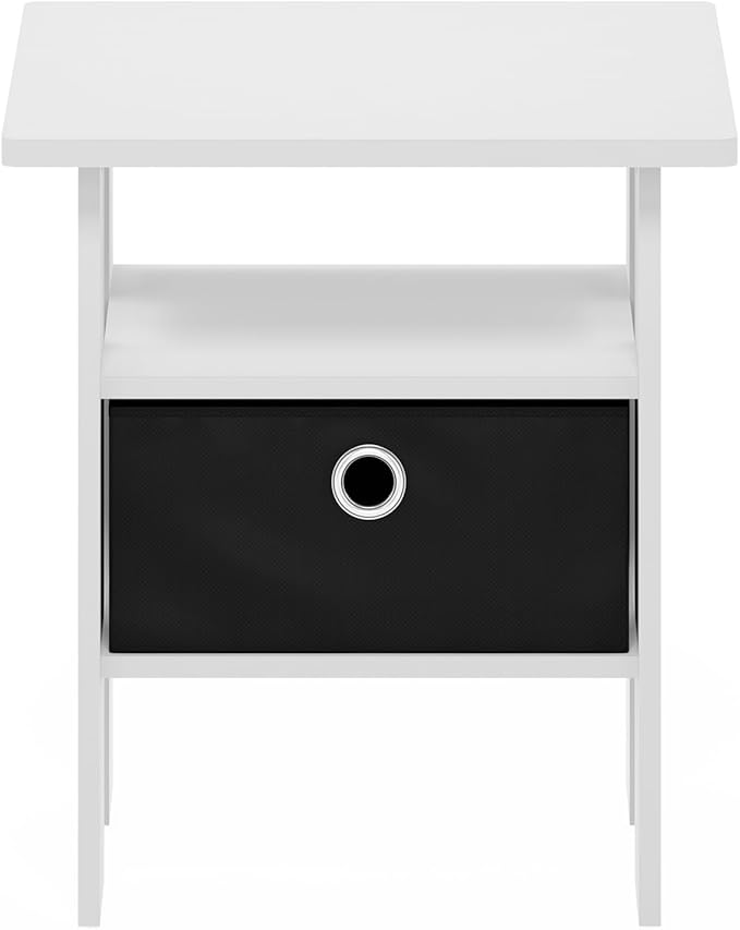 Furinno Andrey Side Table, End Table, Night Stand with Open Shelves and Storage Bin, Bedside Table, for Living Room, Bedroom, White