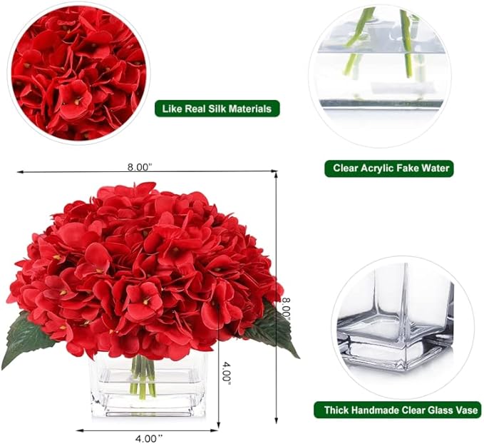 Silk Red Hydrangea Artificial Flowers in Vase with Faux Water, Faux Floral Arrangements in Vase for Home Decor, Wedding Table (Red)