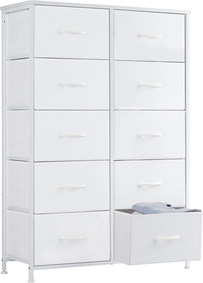 Sweetcrispy 10 Drawer Fabric Dresser Tall Chest Storage Organizer Tower with Cabinet Metal Frame and Wood Top Lightweight Nursery Closet Furniture for Bedroom,Cream White