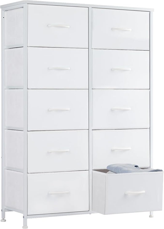 Sweetcrispy 10 Drawer Fabric Dresser Tall Chest Storage Organizer Tower with Cabinet Metal Frame and Wood Top Lightweight Nursery Closet Furniture for Bedroom,Cream White