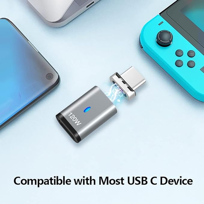 Magnetic USB C Adapter Straight 3 Pack, 120W USB Type C Connector 5Pin with USB2.0 480Mbps Data Transfer, Compatible for MacBook Pro/Air iPad Pro and More USB C Devices, Gray