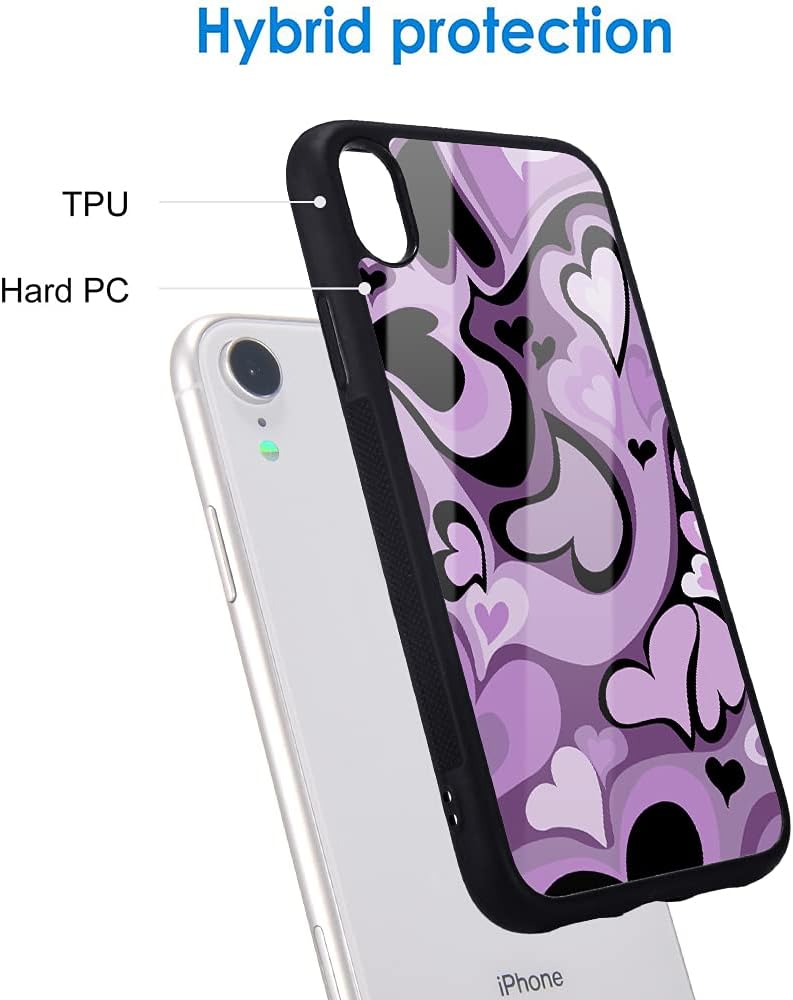 Idocolors Purple Love Heart Printed Cases for iPhone XR, Cute Soft TPU Hard Back Shatter-Resistant Protective Cover