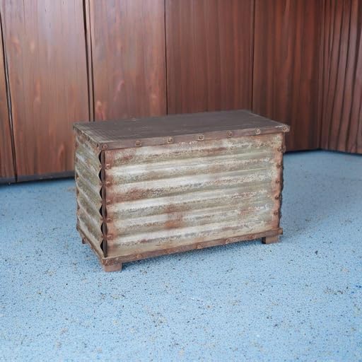 Household Essentials Decorative Trunk, Rustic, Small, Wood Frame and Metal Siding, Spacious and Handmade, Fully Opening Lid, Black Interior, Driftwood and Silver