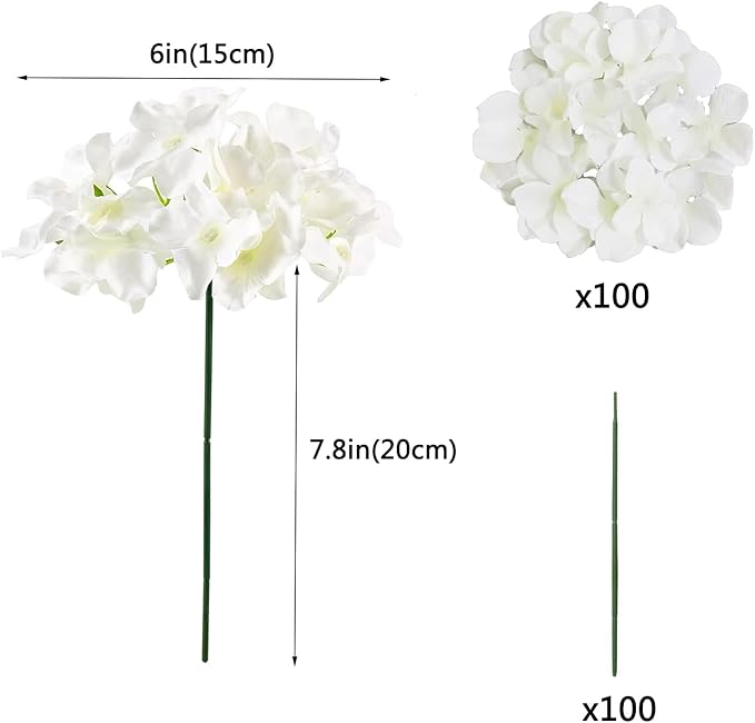 Artificial Flowers Silk Hydrangea Heads with Stems Fake Flowers for Wedding Home Party Shop Baby Shower Decor (White)