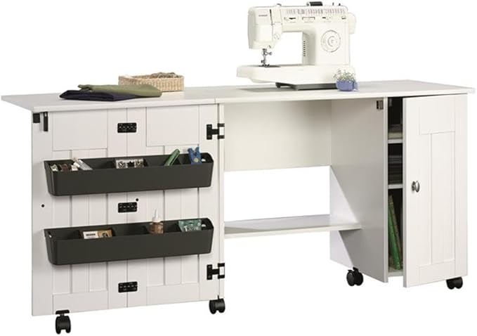 Sauder Folding SewingTable & Craft Cart Storage Cabinet, in Soft White